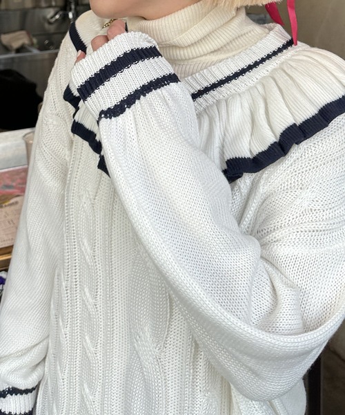 Alley by w closet（アリーバイダブルクローゼット）の「【Alley】フリフリケーブルプルオーバー（ニット/セーター・レディース・オフホワイト/サックスブルー・FREE）」の5枚目の写真