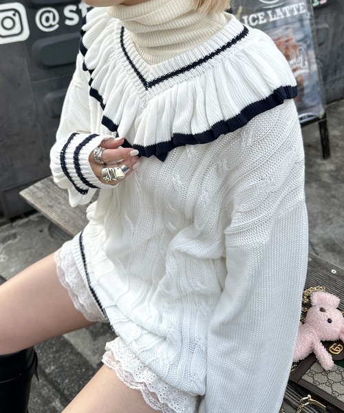 Alley by w closet（アリーバイダブルクローゼット）の「【Alley】フリフリケーブルプルオーバー（ニット/セーター・レディース・オフホワイト/サックスブルー・FREE）」の10枚目の写真