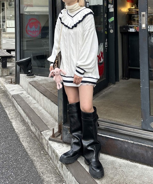 Alley by w closet（アリーバイダブルクローゼット）の「【Alley】フリフリケーブルプルオーバー（ニット/セーター・レディース・オフホワイト/サックスブルー・FREE）」の12枚目の写真