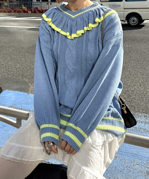 Alley by w closet（アリーバイダブルクローゼット）の「【Alley】フリフリケーブルプルオーバー（ニット/セーター・レディース・オフホワイト/サックスブルー・FREE）」の14枚目の写真