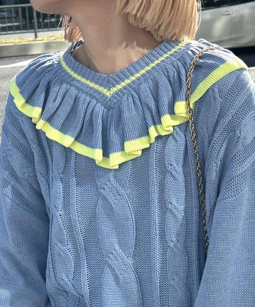 Alley by w closet（アリーバイダブルクローゼット）の「【Alley】フリフリケーブルプルオーバー（ニット/セーター・レディース・オフホワイト/サックスブルー・FREE）」の15枚目の写真