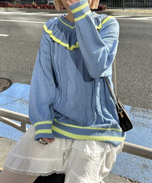 Alley by w closet（アリーバイダブルクローゼット）の「【Alley】フリフリケーブルプルオーバー（ニット/セーター・レディース・オフホワイト/サックスブルー・FREE）」の16枚目の写真