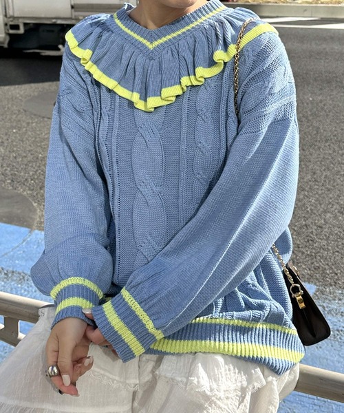 Alley by w closet（アリーバイダブルクローゼット）の「【Alley】フリフリケーブルプルオーバー（ニット/セーター・レディース・オフホワイト/サックスブルー・FREE）」の17枚目の写真