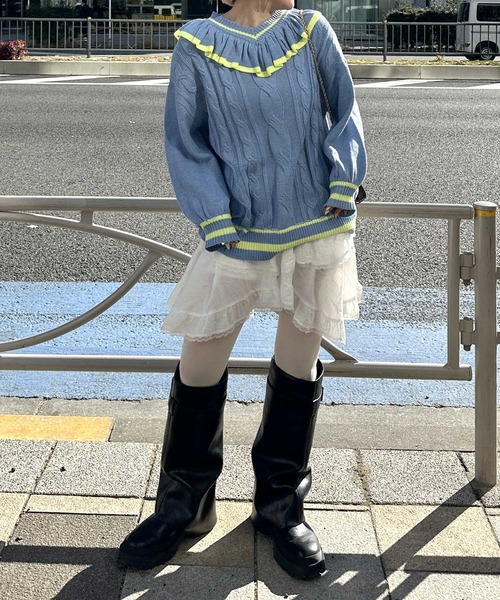 Alley by w closet（アリーバイダブルクローゼット）の「【Alley】フリフリケーブルプルオーバー（ニット/セーター・レディース・オフホワイト/サックスブルー・FREE）」の19枚目の写真