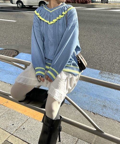 Alley by w closet（アリーバイダブルクローゼット）の「【Alley】フリフリケーブルプルオーバー（ニット/セーター・レディース・オフホワイト/サックスブルー・FREE）」の21枚目の写真