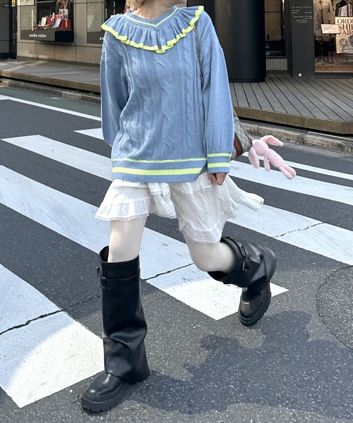 Alley by w closet（アリーバイダブルクローゼット）の「【Alley】フリフリケーブルプルオーバー（ニット/セーター・レディース・オフホワイト/サックスブルー・FREE）」の22枚目の写真