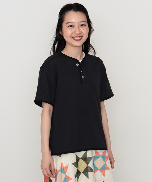 586 ヒスグラ ガール バイカラー ヘンリーネック 白 ネイビー BEAMS BOY(ビームスボーイ)の「BEAMS BOY / パイピング