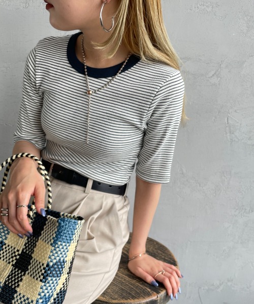 MILLER（ミラー）の「【VERY 8月号掲載】[MILLER/ミラー] 別注 配色 5分袖クルーネックTシャツ（Tシャツ/カットソー・レディース・アイボリー/ブラック/ブラウン/ブラック系/ネイビー/オレンジ・F）」の5枚目の写真