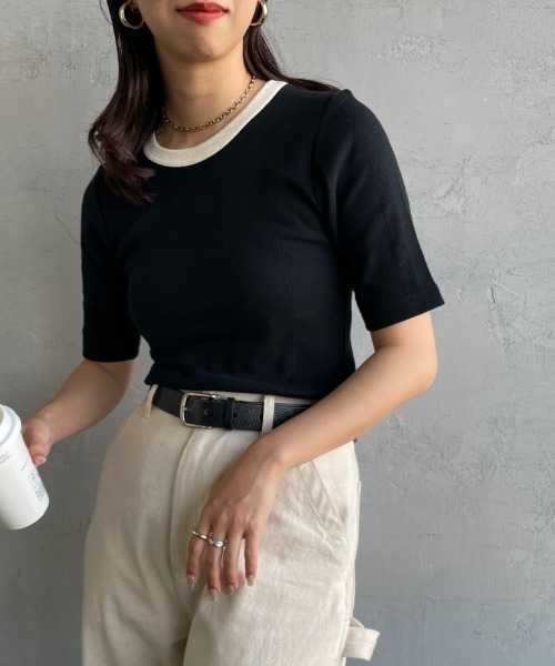 MILLER（ミラー）の「【VERY 8月号掲載】[MILLER/ミラー] 別注 配色 5分袖クルーネックTシャツ（Tシャツ/カットソー・レディース・アイボリー/ブラック/ブラウン/ブラック系/ネイビー/オレンジ・F）」の3枚目の写真