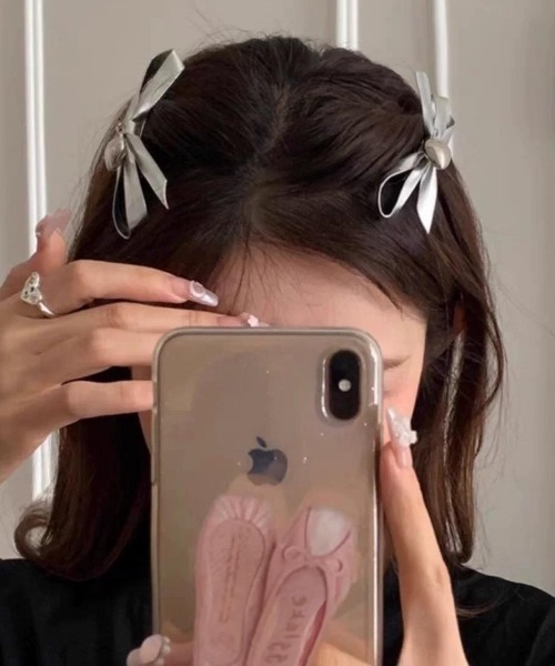 POTETEハートリボン クリップ 黒&グレー 2個セットヘアアクセサリー