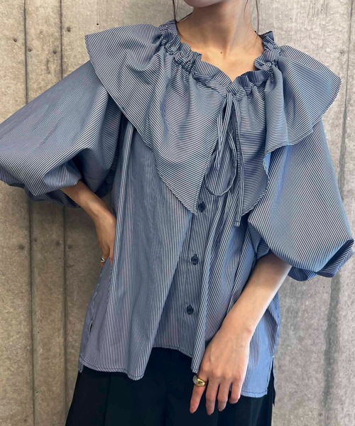 byYOUANCE（バイユアンス）の「ストライプフリルブラウス（シャツ/ブラウス・レディース・ブルー系その他4・MEDIUM）」の4枚目の写真