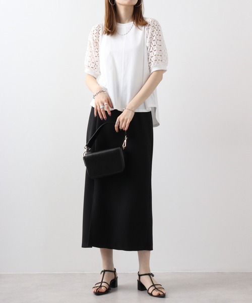 エグランティーヌ EGLANTINE チュールフレア半袖カットソー （ブラック） セール】EGLANTINE 総レースペプラムカットソー（Tシャツ