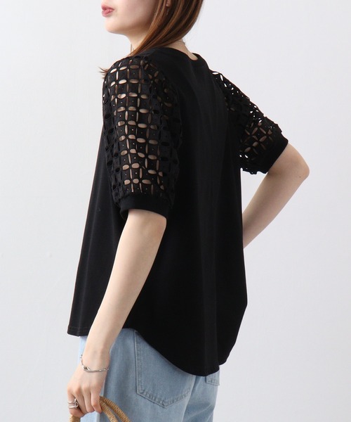 エグランティーヌ EGLANTINE チュールフレア半袖カットソー （ブラック） セール】EGLANTINE 総レースペプラムカットソー（Tシャツ