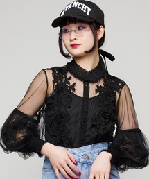 【キャミソール付き】フラワーチュールレースブラウス