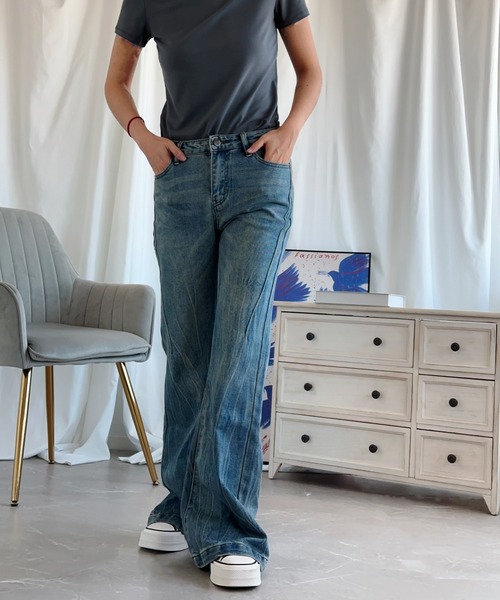 aimoha(アイモハ)の「【Aimoha】フィットフレアパンツ(デニムパンツ・レディース・ネイビー・SMALL/MEDIUM/LARGE)」の6枚目の写真
