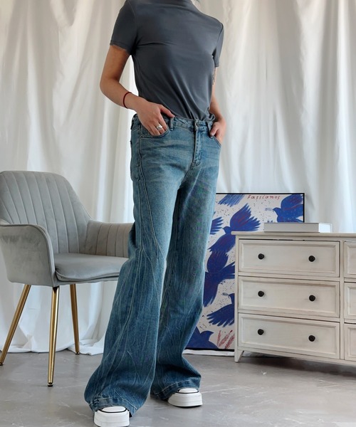 aimoha(アイモハ)の「【Aimoha】フィットフレアパンツ(デニムパンツ・レディース・ネイビー・SMALL/MEDIUM/LARGE)」の7枚目の写真