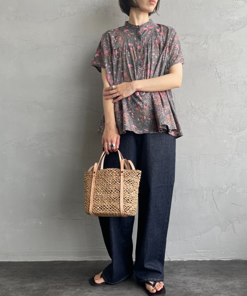 1584　SOIL ソイル♡ フラワープリント バンドカラー ギャザー ブラウス SOIL(ファッション) SOIL ソイル フラワープリントバンドカラー