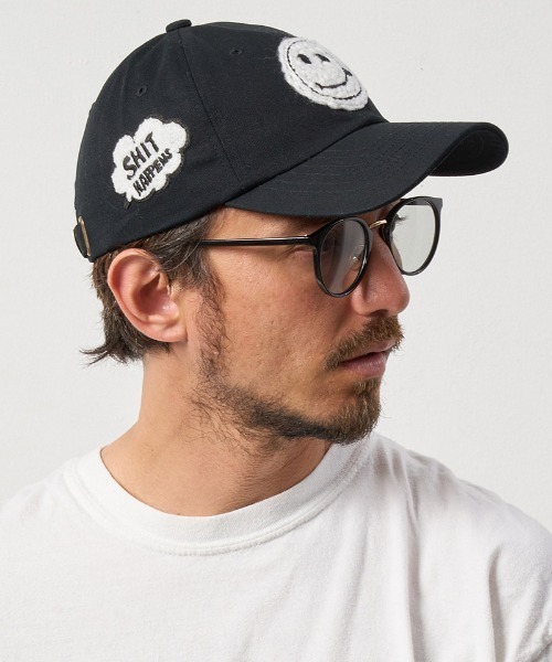 STUD MUFFIN(スタッドマフィン)の「mko12029-コットンツイル カギ編み スマイル&ワッペン コットン ローキャップ(キャップ・メンズ・ホワイト/ブラック・FREE)」の2枚目の写真