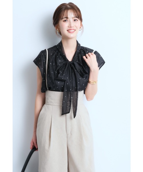 JUSGLITTY（ジャスグリッティー）の「プチラメドット半袖ブラウス（シャツ/ブラウス・レディース・ブラック/ライトブルー・1/2）」の4枚目の写真