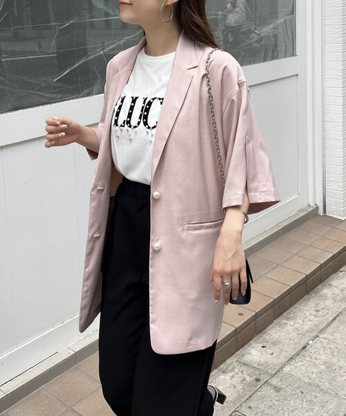 prose verse（プロズヴェール）の「パールボタンハーフスリーブジャケット（テーラードジャケット・レディース・ピンク/ブラック・MEDIUM）」の3枚目の写真