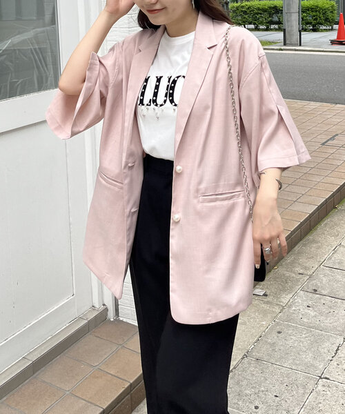 prose verse（プロズヴェール）の「パールボタンハーフスリーブジャケット（テーラードジャケット・レディース・ピンク/ブラック・MEDIUM）」の4枚目の写真