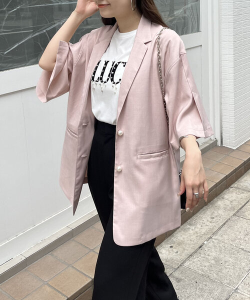 prose verse（プロズヴェール）の「パールボタンハーフスリーブジャケット（テーラードジャケット・レディース・ピンク/ブラック・MEDIUM）」の5枚目の写真