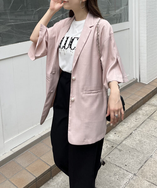 prose verse（プロズヴェール）の「パールボタンハーフスリーブジャケット（テーラードジャケット・レディース・ピンク/ブラック・MEDIUM）」の6枚目の写真