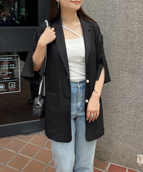 prose verse（プロズヴェール）の「パールボタンハーフスリーブジャケット（テーラードジャケット・レディース・ピンク/ブラック・MEDIUM）」の15枚目の写真