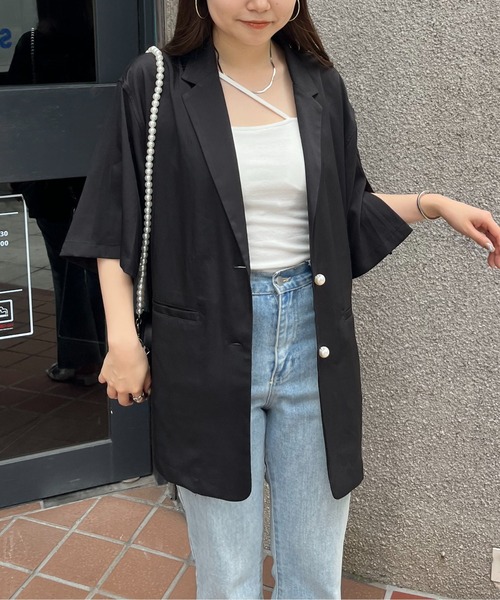 prose verse（プロズヴェール）の「パールボタンハーフスリーブジャケット（テーラードジャケット・レディース・ピンク/ブラック・MEDIUM）」の16枚目の写真