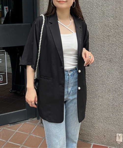 prose verse（プロズヴェール）の「パールボタンハーフスリーブジャケット（テーラードジャケット・レディース・ピンク/ブラック・MEDIUM）」の18枚目の写真