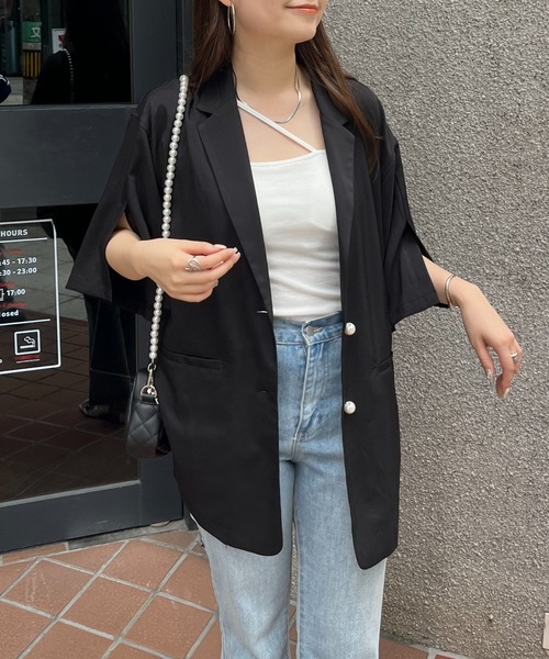 prose verse（プロズヴェール）の「パールボタンハーフスリーブジャケット（テーラードジャケット・レディース・ピンク/ブラック・MEDIUM）」の19枚目の写真