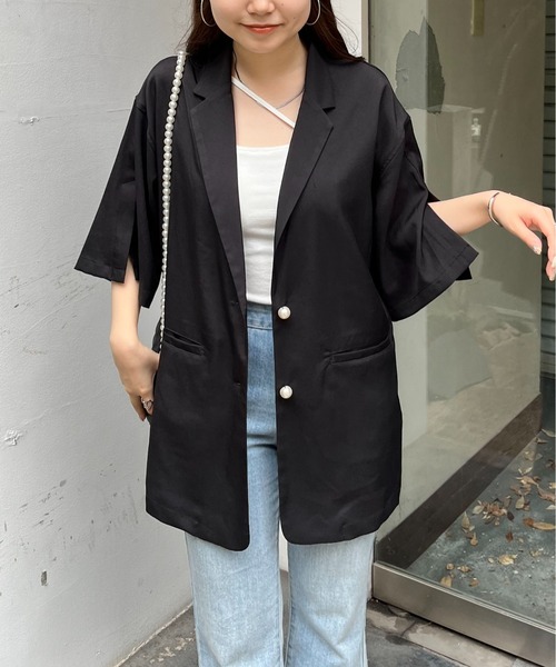 prose verse（プロズヴェール）の「パールボタンハーフスリーブジャケット（テーラードジャケット・レディース・ピンク/ブラック・MEDIUM）」の21枚目の写真