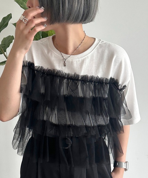 apres jour mignon（アプレジュールミニョン）の「チュールドッキングT【ZOZOTOWN限定アイテム】（Tシャツ/カットソー・レディース・オフホワイト/ホワイト系その他/ブラック・X-LARGE/フリー）」の19枚目の写真