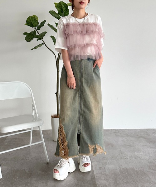 apres jour mignon（アプレジュールミニョン）の「チュールドッキングT【ZOZOTOWN限定アイテム】（Tシャツ/カットソー・レディース・オフホワイト/ホワイト系その他/ブラック・X-LARGE/フリー）」の9枚目の写真