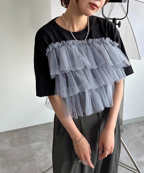 apres jour mignon（アプレジュールミニョン）の「チュールドッキングT【ZOZOTOWN限定アイテム】（Tシャツ/カットソー・レディース・オフホワイト/ホワイト系その他/ブラック・X-LARGE/フリー）」の6枚目の写真