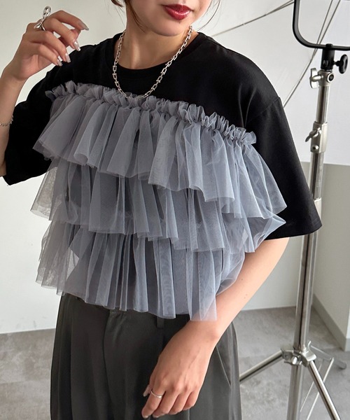 apres jour mignon（アプレジュールミニョン）の「チュールドッキングT【ZOZOTOWN限定アイテム】（Tシャツ/カットソー・レディース・オフホワイト/ホワイト系その他/ブラック・X-LARGE/フリー）」の5枚目の写真