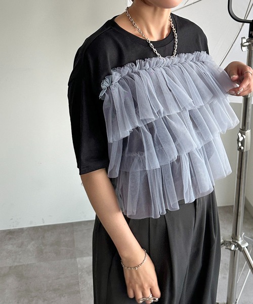 apres jour mignon（アプレジュールミニョン）の「チュールドッキングT【ZOZOTOWN限定アイテム】（Tシャツ/カットソー・レディース・オフホワイト/ホワイト系その他/ブラック・X-LARGE/フリー）」の4枚目の写真