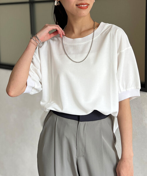 Chez toi（シェトワ）の「UV加工リブ切替Tシャツ（Tシャツ/カットソー・レディース・ブルー/グレイッシュベージュ/ブラック/オフホワイト・FREE）」の5枚目の写真