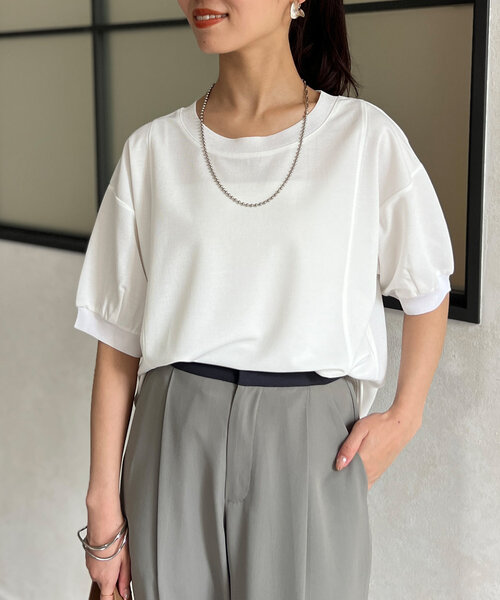 Chez toi（シェトワ）の「UV加工リブ切替Tシャツ（Tシャツ/カットソー・レディース・ブルー/グレイッシュベージュ/ブラック/オフホワイト・FREE）」の6枚目の写真