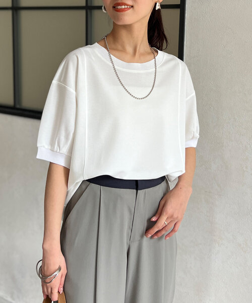 Chez toi（シェトワ）の「UV加工リブ切替Tシャツ（Tシャツ/カットソー・レディース・ブルー/グレイッシュベージュ/ブラック/オフホワイト・FREE）」の8枚目の写真