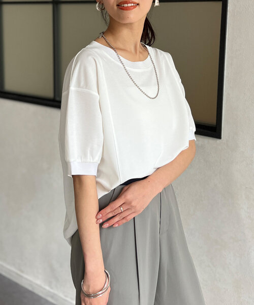 Chez toi（シェトワ）の「UV加工リブ切替Tシャツ（Tシャツ/カットソー・レディース・ブルー/グレイッシュベージュ/ブラック/オフホワイト・FREE）」の9枚目の写真