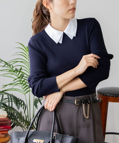 NOLLEY’S（ノーリーズ）の「《手洗い可能》白2枚衿付きプルオーバーニット（ニット/セーター・レディース・ネイビー/ブラック・38）」の2枚目の写真