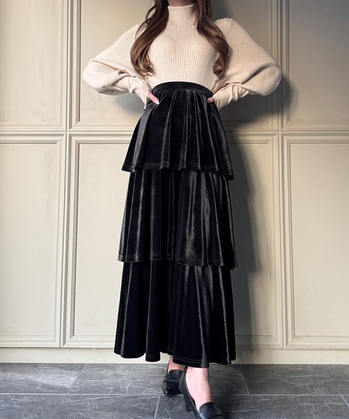 junoah(ジュノア)の「ベロアフリルティアードスカート【ペチスカートセット】(スカート・レディース・ライトベージュ/ブラック/チャコール・LARGE/MEDIUM/X-LARGE)」の9枚目の写真