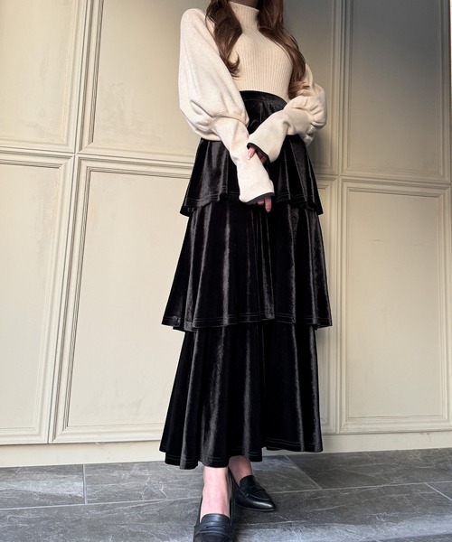 junoah(ジュノア)の「ベロアフリルティアードスカート【ペチスカートセット】(スカート・レディース・ライトベージュ/ブラック/チャコール・LARGE/MEDIUM/X-LARGE)」の10枚目の写真