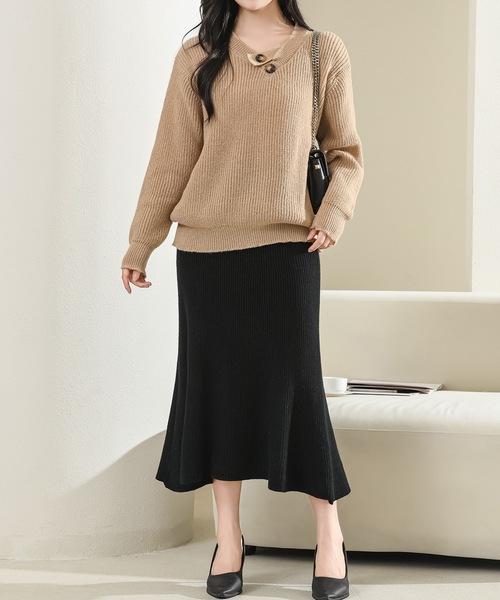 セール】ソリッドカラー ボタン付き Vネック 長袖 ニット プルオーバー