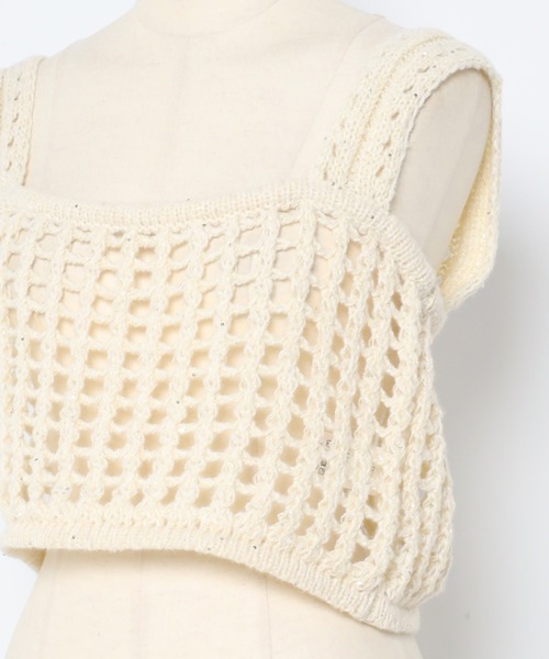 MINERTE（ミネルテ）の「【MINERTE】flip-sequin knit bustier / 格子編みスパンコール付きニットビスチェ（キャミソール・レディース・アイボリー/ブラック・FREE）」の7枚目の写真