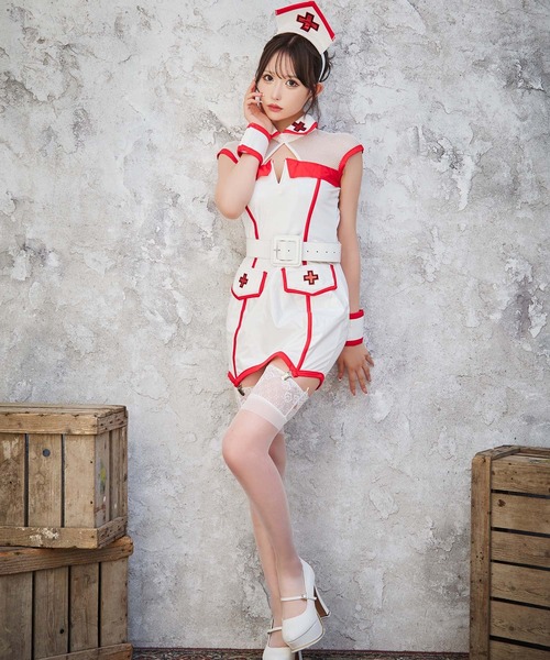 Tika（ティカ）の「コスプレ セクシー ナース デコルテメッシュ切替 レザー パイピング ワンピース 4点セット（コスチューム/パーティーグッズ・レディース・ホワイト×レッド・M）」の2枚目の写真