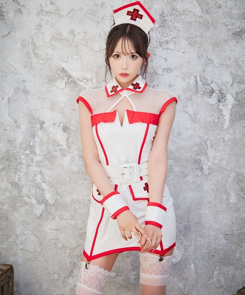 Tika（ティカ）の「コスプレ セクシー ナース デコルテメッシュ切替 レザー パイピング ワンピース 4点セット（コスチューム/パーティーグッズ・レディース・ホワイト×レッド・M）」の3枚目の写真