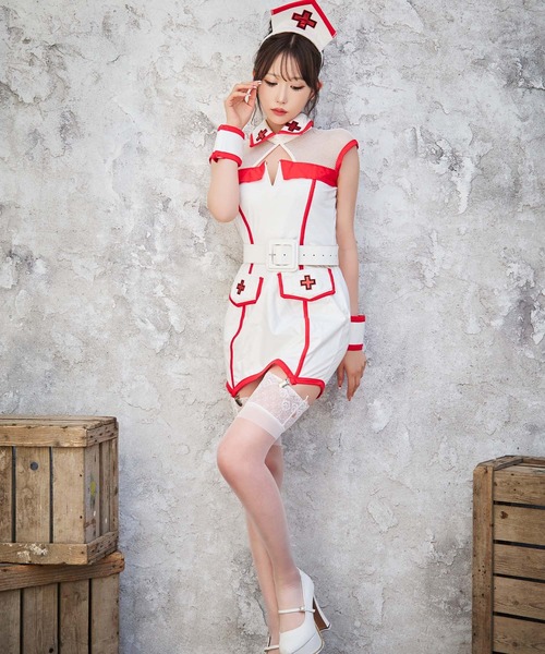 Tika（ティカ）の「コスプレ セクシー ナース デコルテメッシュ切替 レザー パイピング ワンピース 4点セット（コスチューム/パーティーグッズ・レディース・ホワイト×レッド・M）」の4枚目の写真