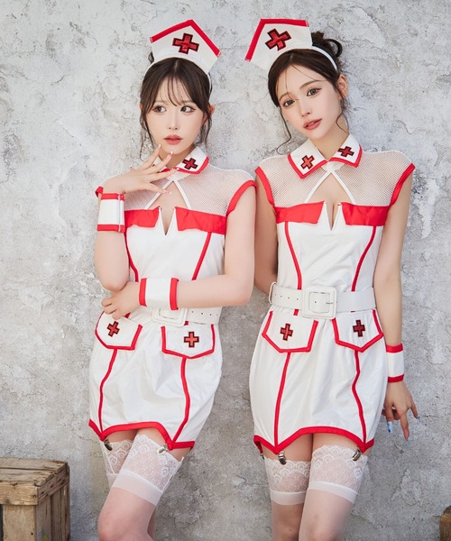 Tika（ティカ）の「コスプレ セクシー ナース デコルテメッシュ切替 レザー パイピング ワンピース 4点セット（コスチューム/パーティーグッズ・レディース・ホワイト×レッド・M）」の8枚目の写真